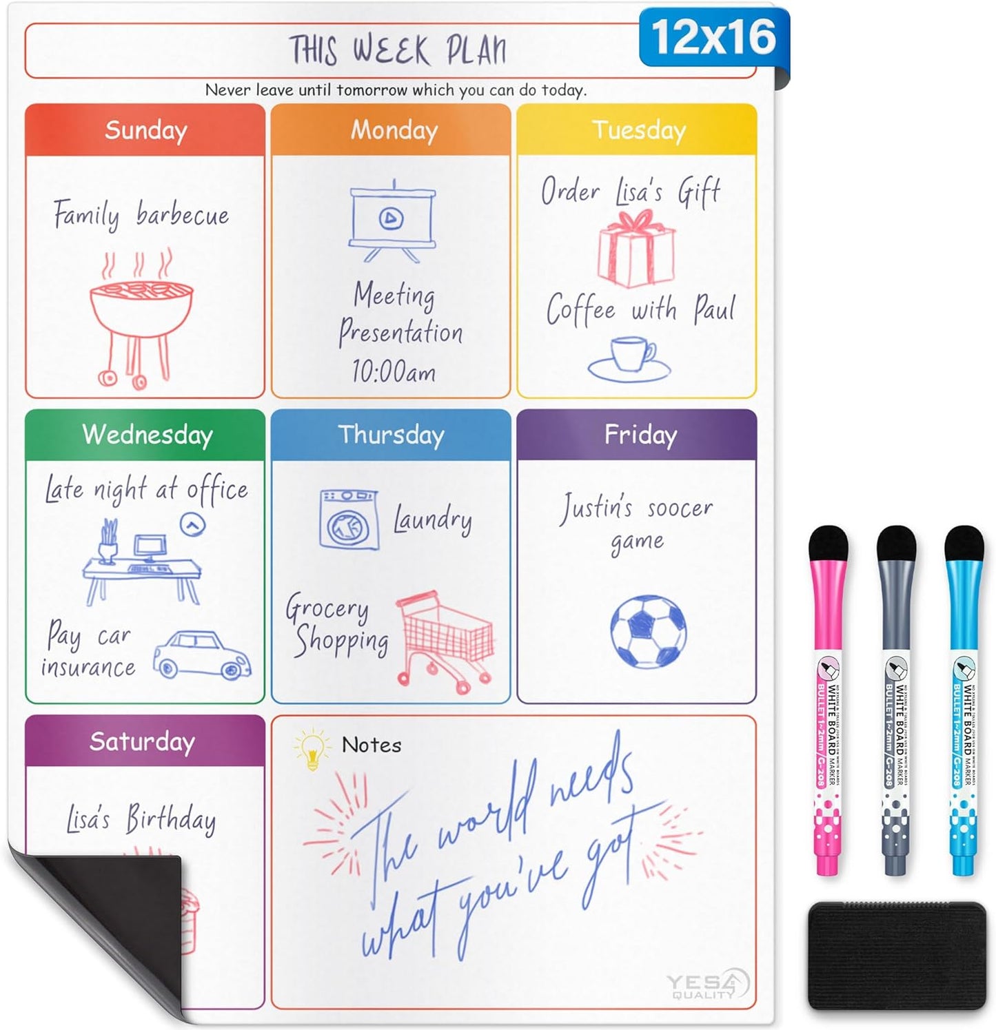 Magnetic Dry Erase Calendar 16x12 for Fridge with 3 Markers & Eraser | Strong magnetic dry erase calendar keeps schedules, meals and family plans organised on your fridge.