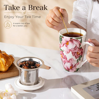 AmorArc Tea Cup With Infuser and Lid, 18oz Loose Leaf Tea Mug With Steeper | Porcelain Tea Mug With Infuser and Lid, Strainer Tea Cup for Tea Lovers, Home & Office, Housewarming Birthday Gift