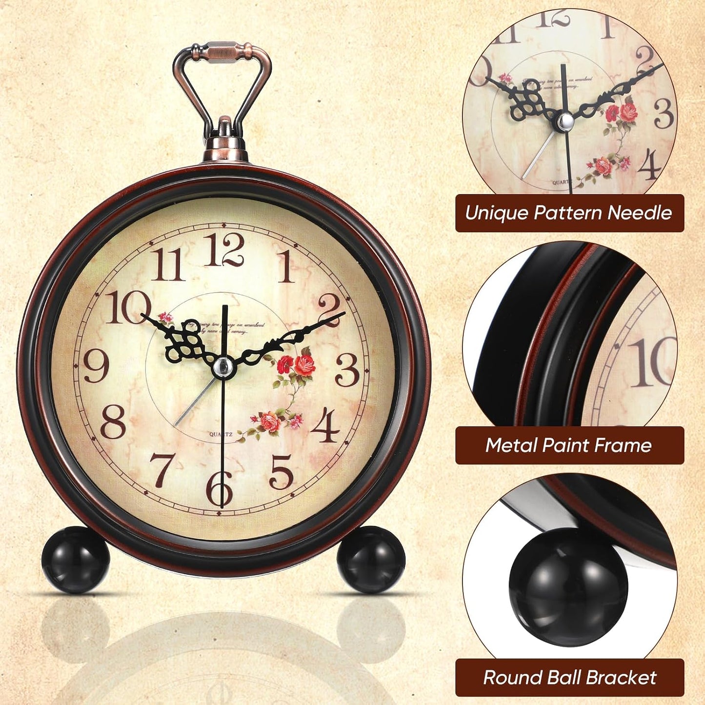 TOYANDONA Vintage Alarm Clock - 5 inch Small Retro Alarm Clock Analog for Living Room Bedroom Bedside Desk, Silent & Non Ticking & Battery Operated