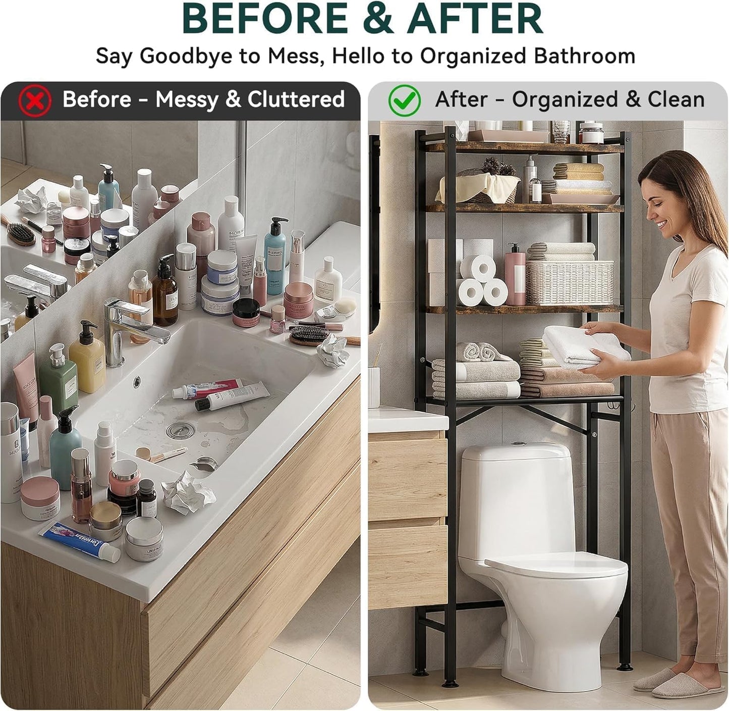 GloTika 3-Tier Over Toilet Storage, Anti-Tilt, 64" H, Black | Anti-Tilt Safety System, 150lb Capacity, Carbon Steel, Freestanding, No Drilling, Anti-Rust Coating, Paper Holder & 4 Hooks