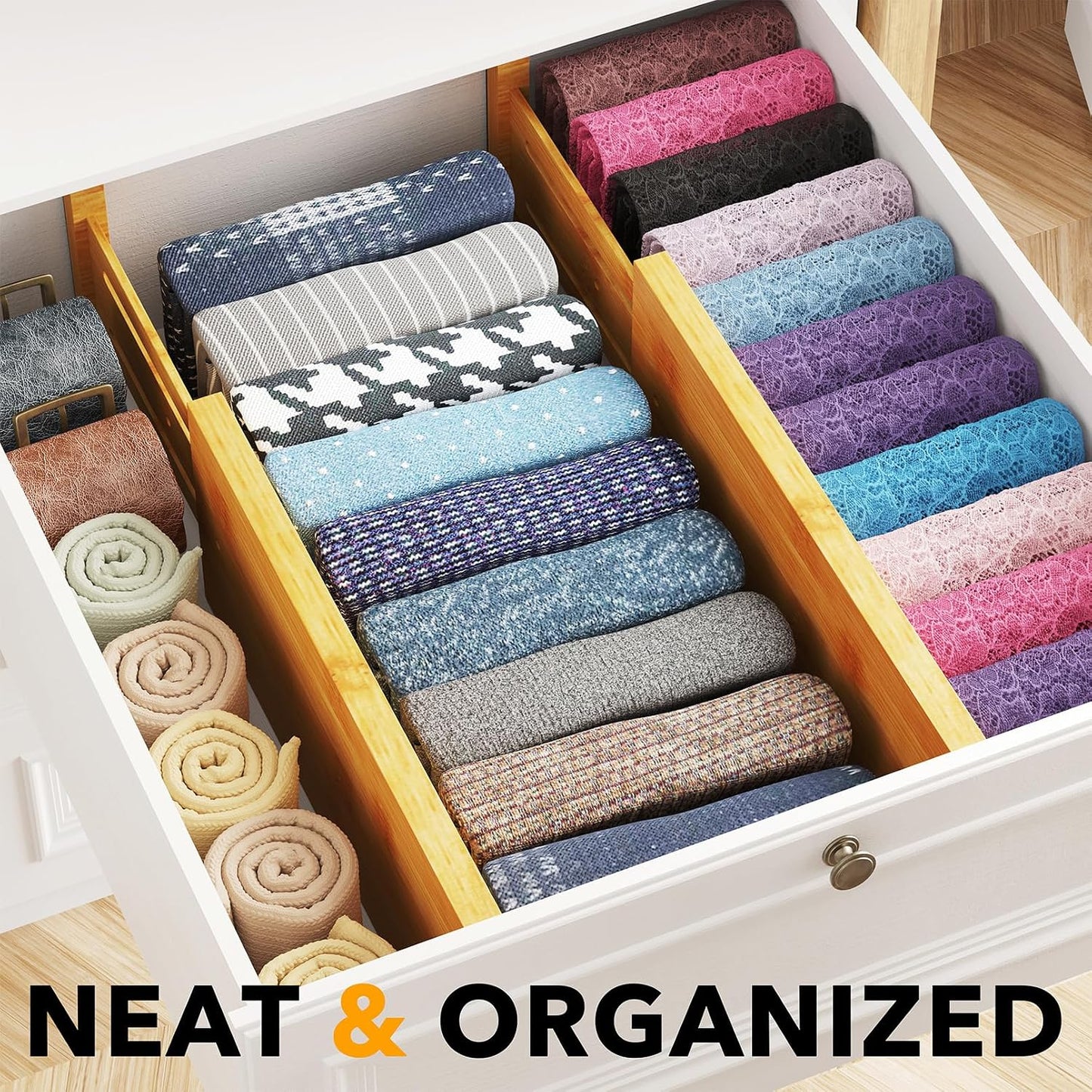 SpaceAid Bamboo 4 Pack Dresser Drawer Dividers, 4.65“ High Adjustable 12.5“-17” Drawer Organizers, Expandable Organization for Clothing, Clothes, Dressers, Black