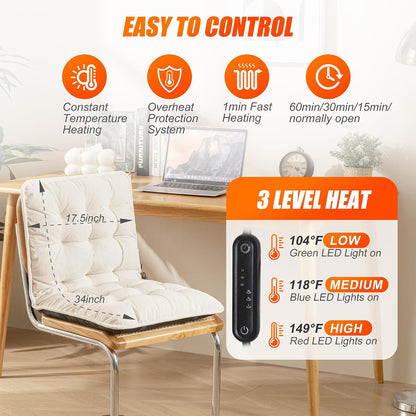 Suchtale Plug-in Heated Seat Cushion, Corduroy Heating Chair Pad with 3 Heat Levels & Timer, Fast-Heating 5V2A Input, Soft Thick Padding for Office, Home & Indoor Seating –White