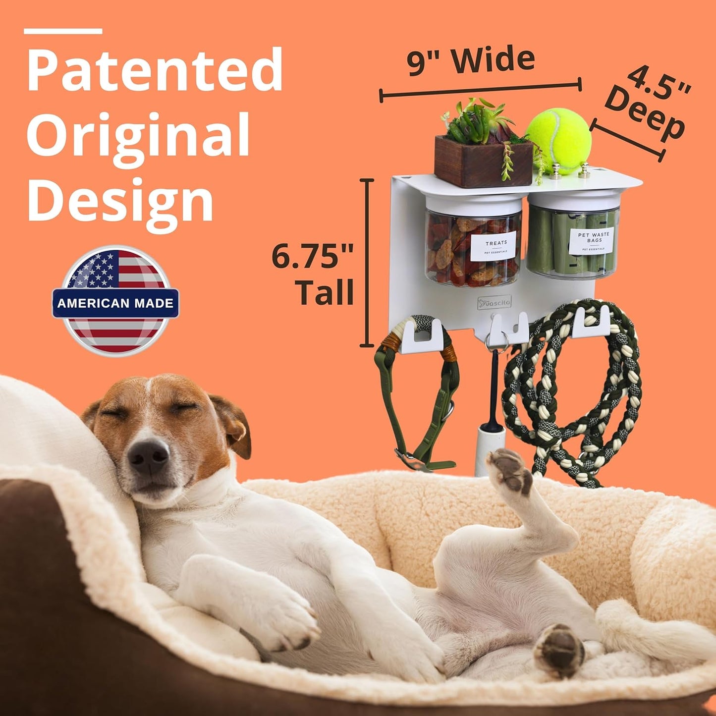 Dog Leash Holder for Wall with Shelf — Wall Mounted Dog Treat Holder & Station, 2 Airtight 32oz Treat Containers, 9 Hooks, Patented Lidless Slide-to-Seal Jars, Solid Steel, Made in USA