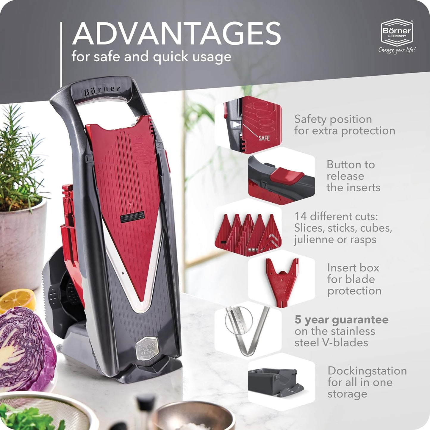 Börner by Reston Lloyd Mandoline Slicer Vital (Starter Set) • V-Slicer with 10 Cutting Styles & Safety Food Holder • Adjustable Kitchen Slicer & Dressing Function