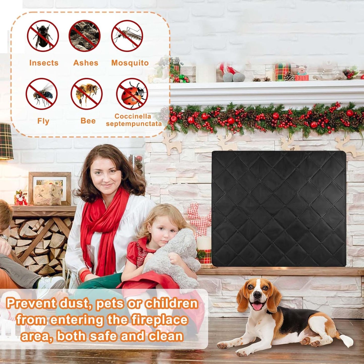 Magnetic Fireplace Cover Blanket Draft Stopper 45*34in Brick Fireplace Screen Insulation Cover Chimney Cold Air Blocker with Strong Magnet Hook-and-Loop Fasteners for Winter Iron Frame Stops Heat Loss