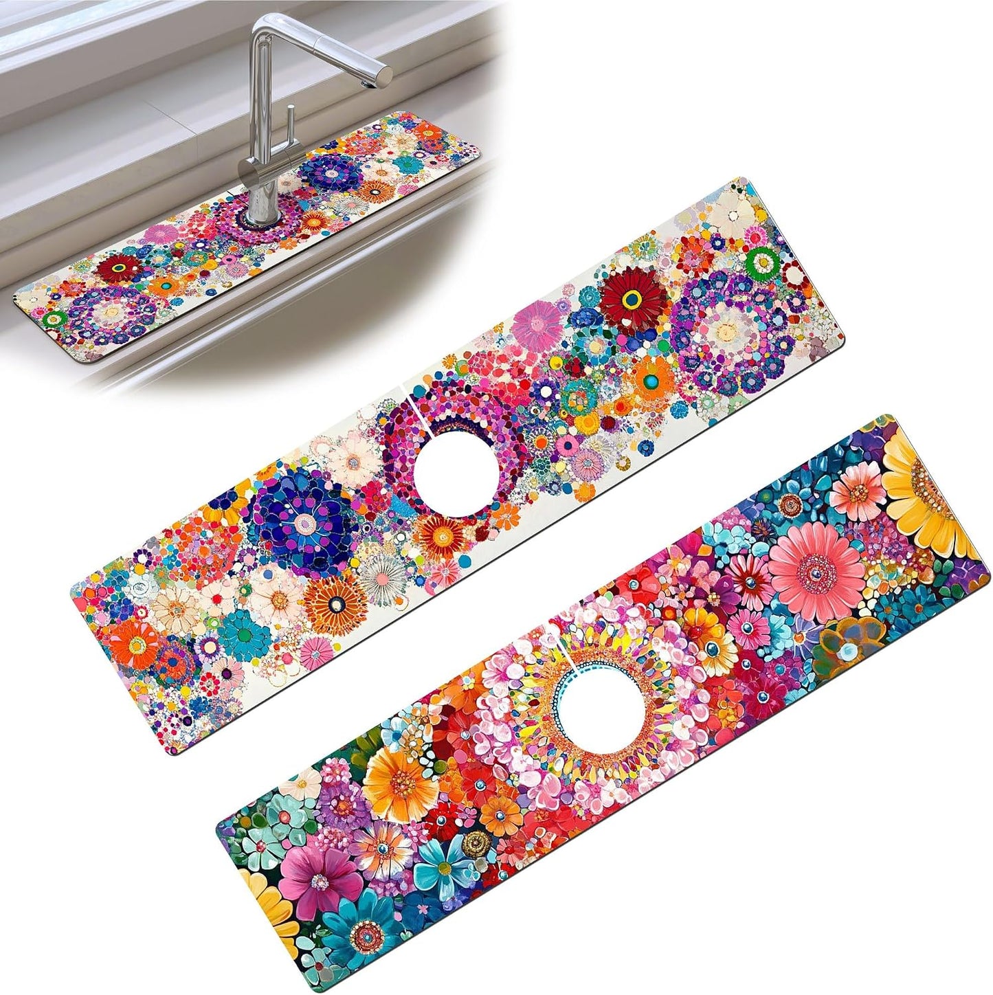 Bimkole 2 PCS Faucet Absorbent Mat, Kitchen Faucet Sink Splash Guard Wraparound Cloth Pads Drip Catcher for Sink Faucet for Kitchen Bathroom Faucet, Colorful Faucet Mat, 15 x 4 Inch Flower A6