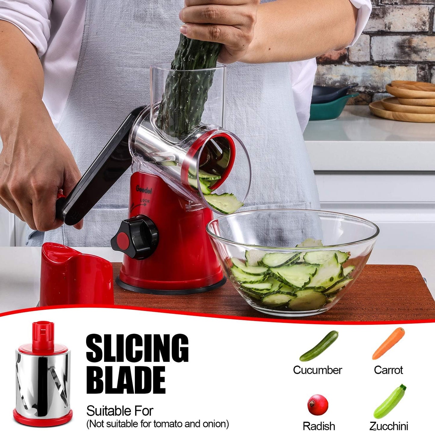 Geedel Rotary Cheese Grater, Kitchen Mandoline Vegetable Slicer with 3 Interchangeable Blades, Easy to Clean Rotary Grater Slicer for Fruit, Vegetables, Nuts | 3 Blades, 430 Stainless Steel, 12x Fast Cutting, Strong Suction Base, No BPA, Dishwasher Safe,