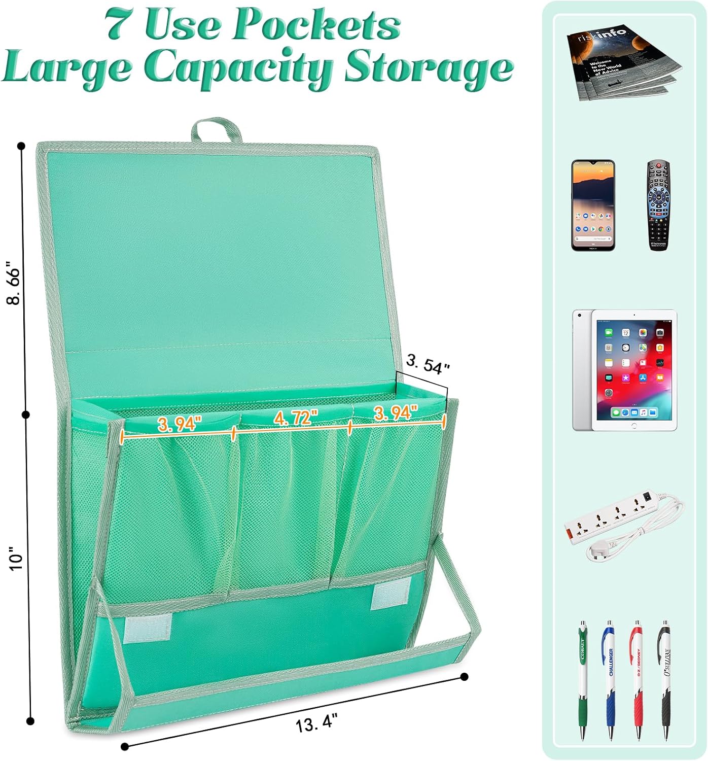 Bedside Caddy Organizer for Dorm Bed Rails with 7 Pockets, Gray | Bed Pockets Bedside Storage with Power Strip Holder & 2 Adjustable Straps for Home, College, Dorm, Hospital Bedside Organizer
