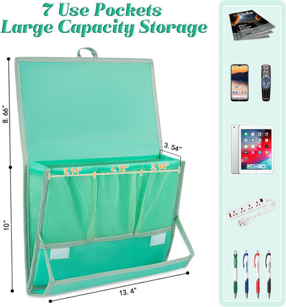 Bedside Caddy Organizer for Dorm Bed Rails with 7 Pockets, Gray | Bed Pockets Bedside Storage with Power Strip Holder & 2 Adjustable Straps for Home, College, Dorm, Hospital Bedside Organizer