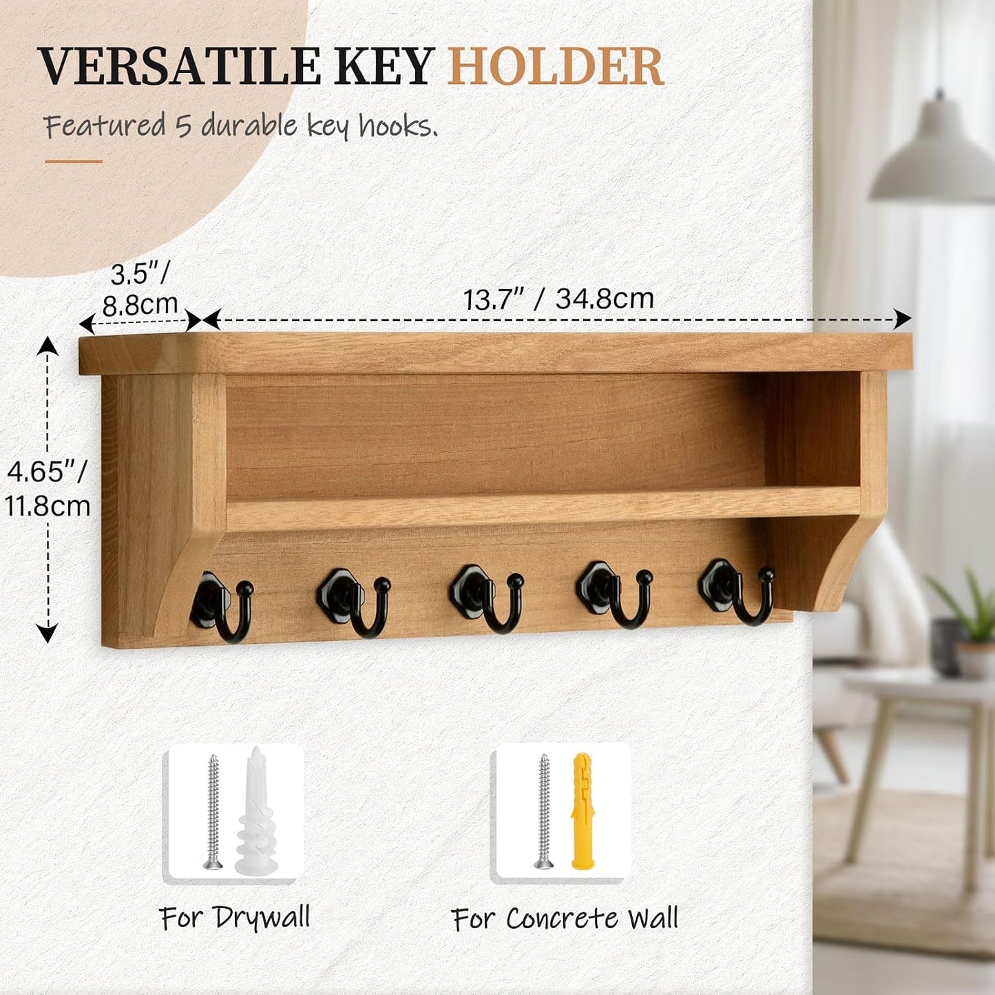 Nekon Key Holder Wall Mount, Wall Organizer Shelf with 5 Key Hooks | Wall Mounted Key Rack Room Decor for Home and Apartment Essentials