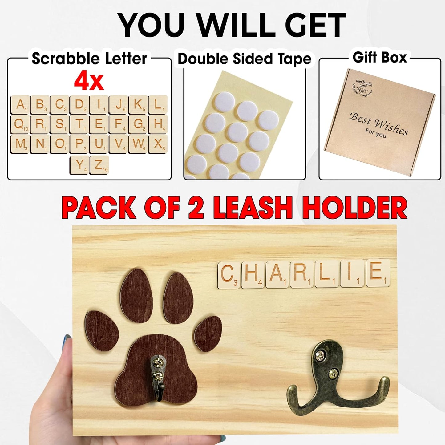 Dog Leash Holder Wall Mount, Pet Harness Hanger with Scrabble Letters, Dog Collar Organizer for Entryway, Memorial Cat Leash Holder for Wall, Pet Loss Gifts, Keepsake, Home Decor PF212-NAT