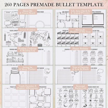 Everloria Premade Dotted Journal Notebook, 12 Months Pre-made Bullet Templates, 260 Hand-Drawn Coloring Pages, Undated Weekly & Monthly Planner, 7.8"x9.3" Linen Dot Grid Habit Mood Tracker, Lilac