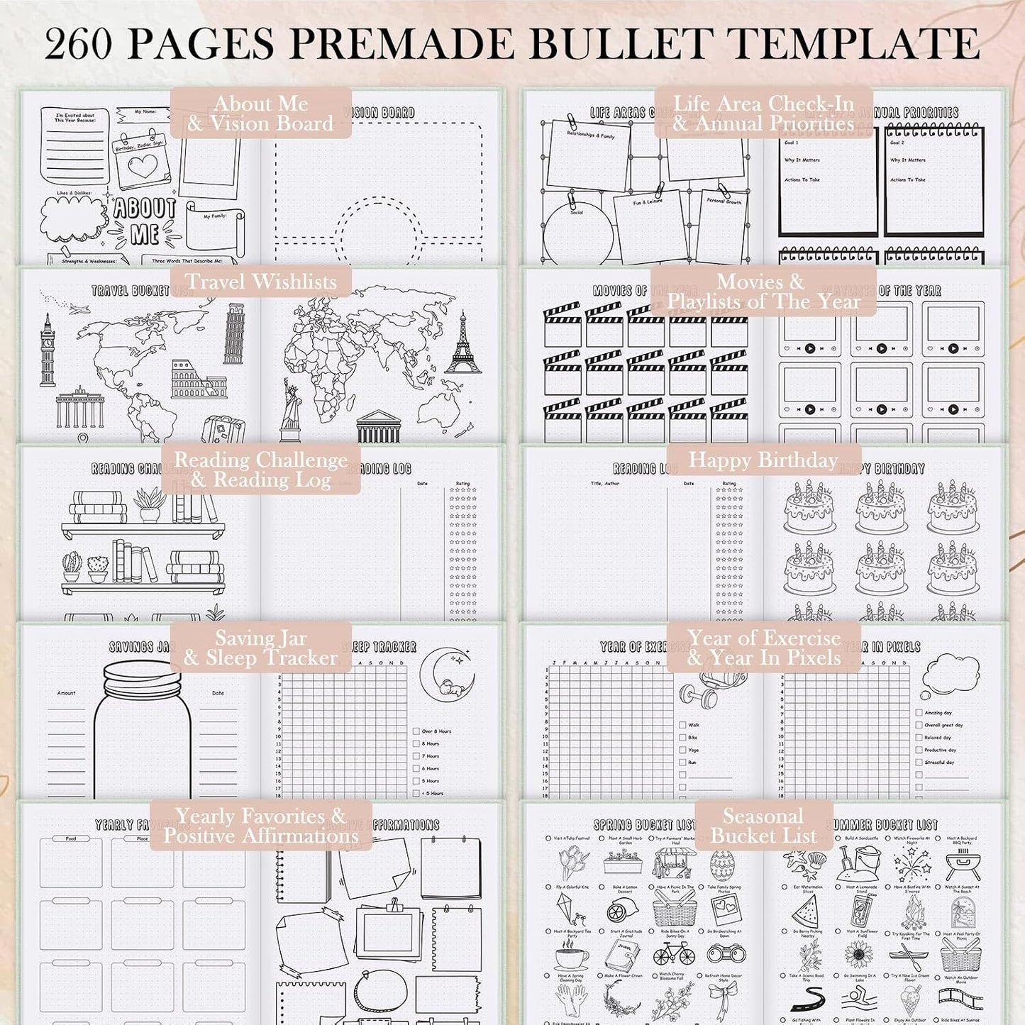 Everloria Premade Dotted Journal Notebook, 12 Months Pre-made Bullet Templates, 260 Hand-Drawn Coloring Pages, Undated Weekly & Monthly Planner, 7.8"x9.3" Linen Dot Grid Mood Habit Tracker, Lilac