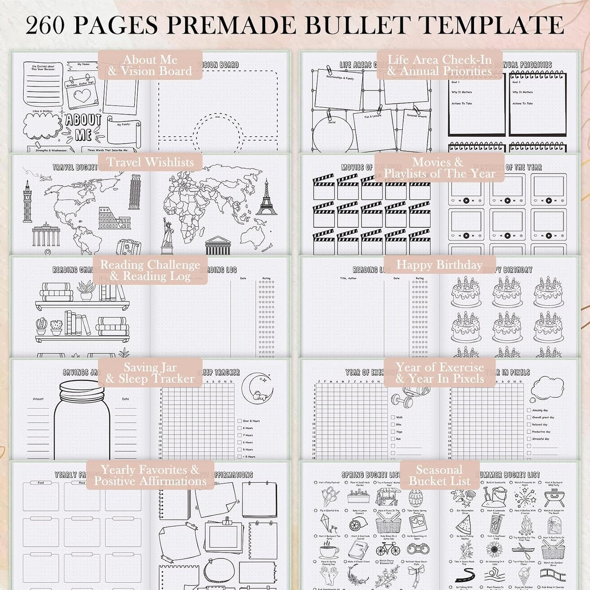 Everloria Premade Dotted Journal, 12 Months Pre-made Templates Bullet Notebook, 260 Hand-Drawn Coloring Pages, Undated Weekly & Monthly Planner, 7.8"x9.3" Linen Dot Grid Habit Mood Tracker, Sage Green