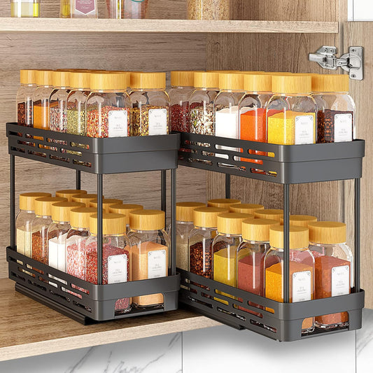 Pull Out Spice Rack Organizer for Cabinet, 3 Packs Slide Out Spice Racks Organizer, Spice Cabinet Organizers, Cabinet Size Need:12'' Highx11'' Deepx5'' Wide,Each Tier Hold 10 Spice Jar - 2 Tier, Black