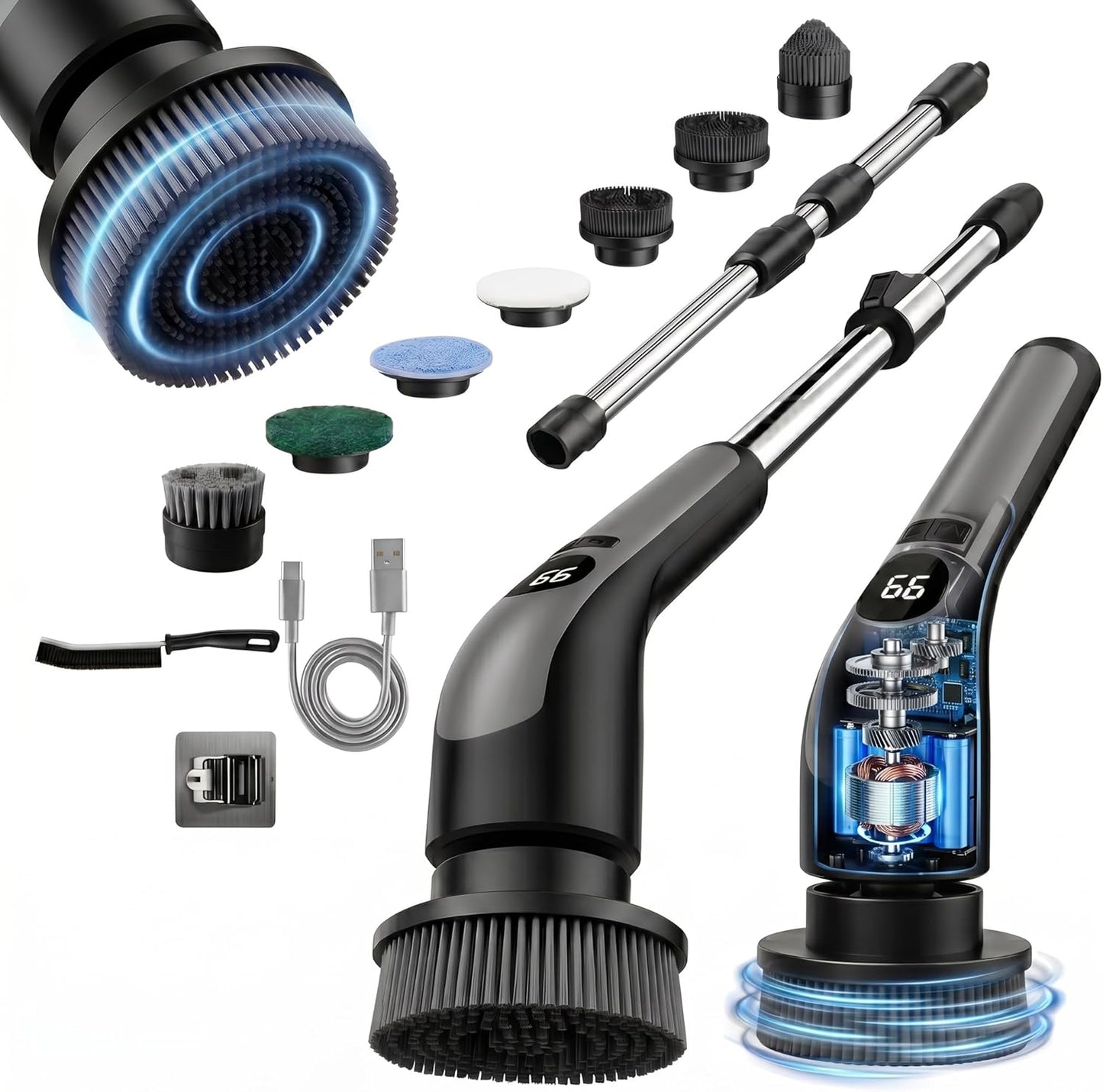 LIVINGPRO Electric Spin Scrubber for Bathroom Cleaning, Cordless Power Scrubber with 70W Dual Speed Motor, LCD Display, IPX7 Waterproof, Adjustable Handle, 7 Brush Heads for Tub Tile Shower Kitchen