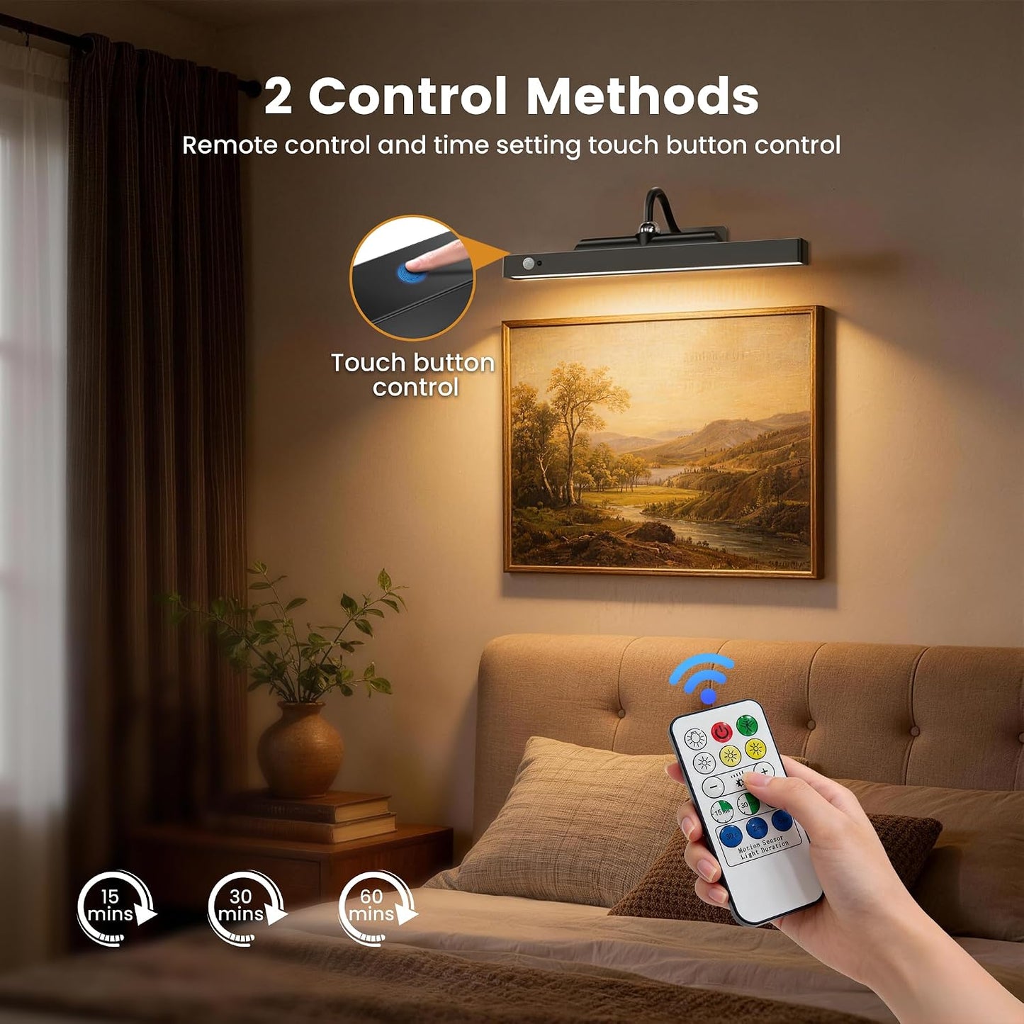Wireless Picture Light for Wall Art Motion Sensor, 16 Inch, Black, 1 Pack | 5000mAh Rechargeable Battery, Cordless, Magnetic Detachable Bar, 3CCT Dimmable, Remote Control for Paintings and Artworks