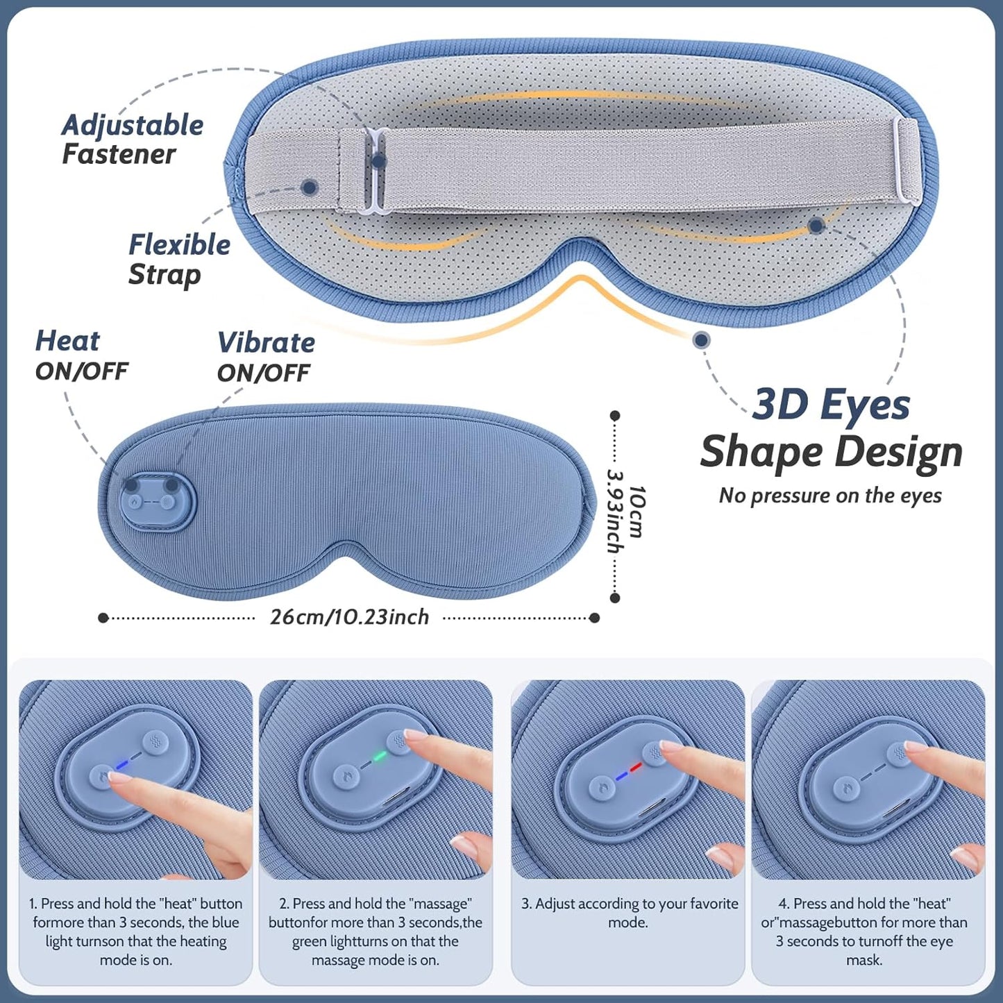 Cordless Heated Eye Mask,Light Blocking 3D Sleeping Eye Mask with Adjustable Heat, Vibration and Timer Settings,Portable Rechargeable Mask,for Eye Fatigue, Better Sleep,Dry Eye Comfort, Men & Women