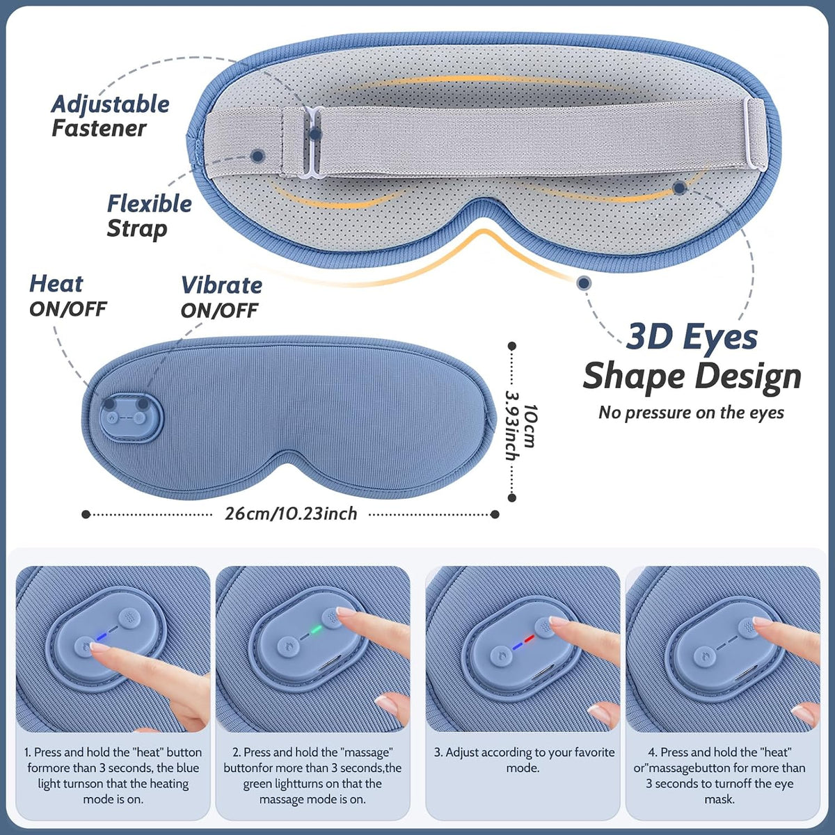 Cordless Heated Eye Mask,Light Blocking 3D Sleeping Eye Mask with Adjustable Heat, Vibration and Timer Settings,Portable Rechargeable Mask,for Eye Fatigue, Better Sleep,Dry Eye Comfort, Men & Women