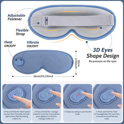 Cordless Heated Eye Mask,Light Blocking 3D Sleeping Eye Mask with Adjustable Heat, Vibration and Timer Settings,Portable Rechargeable Mask,for Eye Fatigue, Better Sleep,Dry Eye Comfort, Men & Women