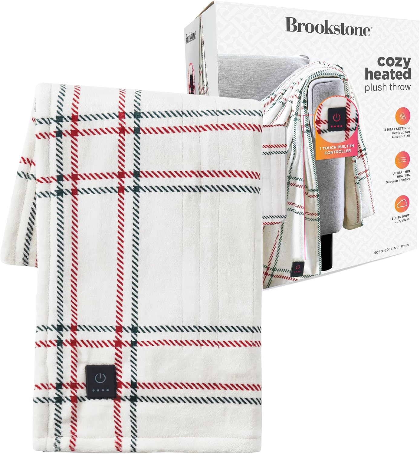 Brookstone Electric Heated Plush Throw - Heated Blankets - 4 Heat Settings, 4-Hour Auto Shut Off, 100% Polyester, 50"x60" - Blue Trellis