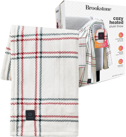 Brookstone Electric Heated Plush Throw - Heated Blankets - 4 Heat Settings, 4-Hour Auto Shut Off, 100% Polyester, 50"x60" - Blue Trellis