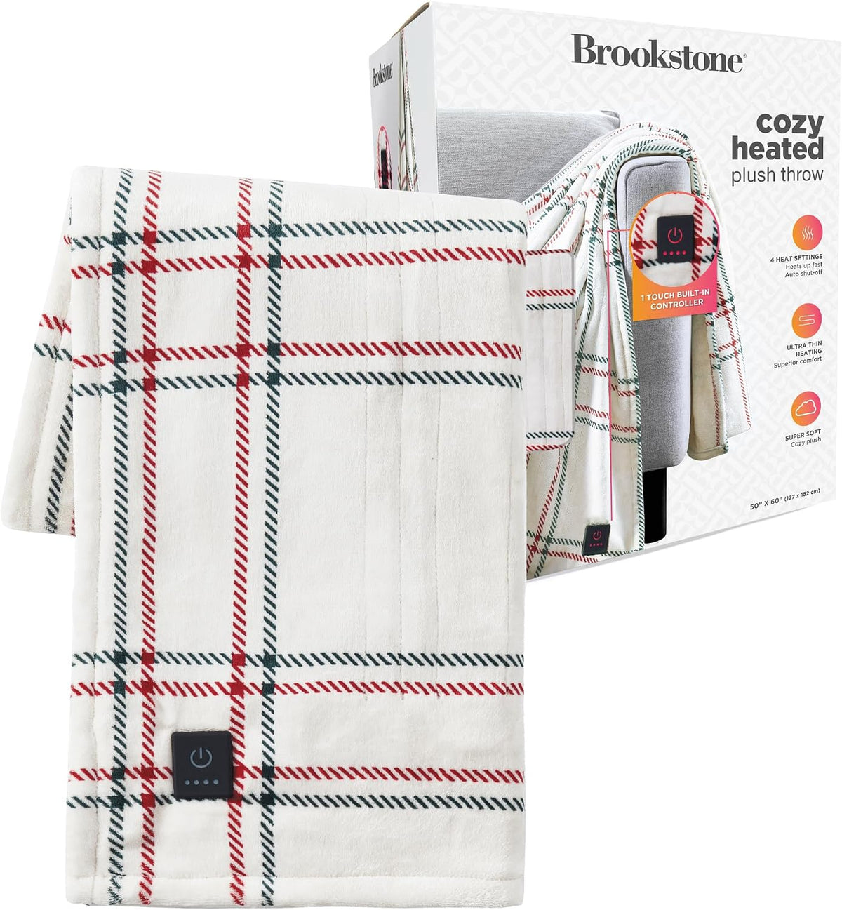 Brookstone Electric Heated Plush Throw Blanket, 50 x 60 in, Blue Trellis