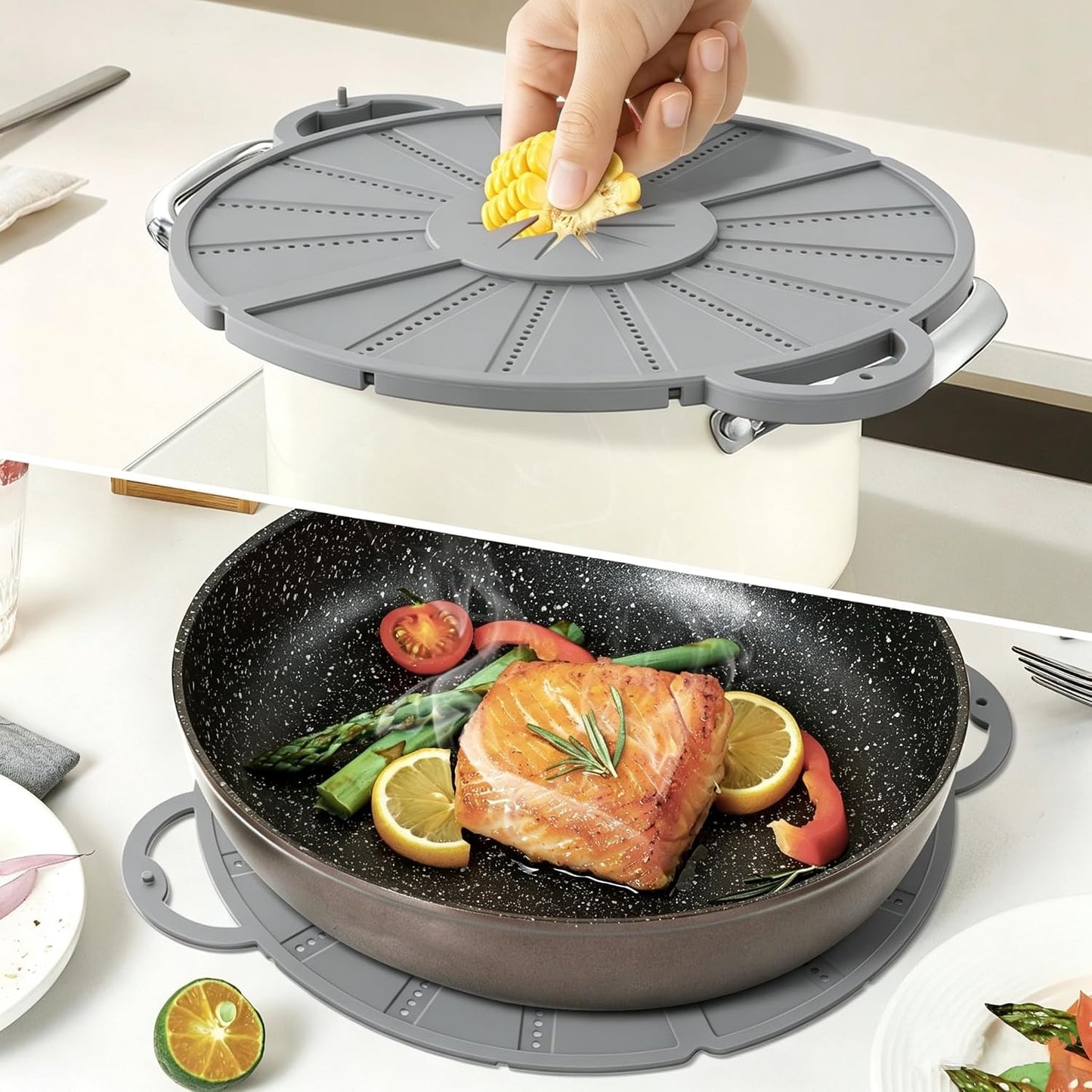Foldable Silicone Splatter Screen for 10-13'' Pans with Handle,Red| Foldable Splash Guard, Multi-Use Grease Splatter Guard/Trivet Mat,Non-Stick Oil Splatter Guard,BPA-Free,Dishwasher Safe