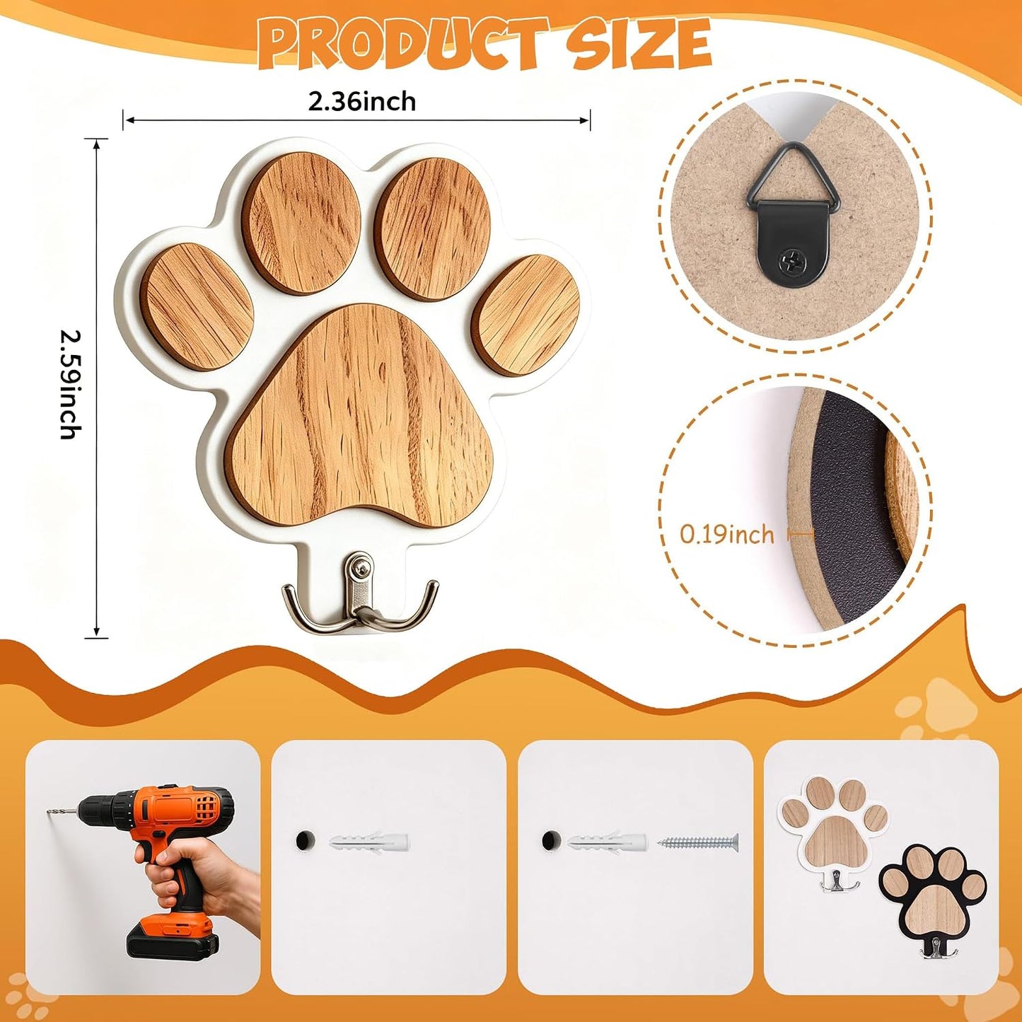 2PC 3D Wooden Dog Paw Leash Holder for Wall, Set of 2 Rustic Dog Harness & Key Organizer, Decorative Pet Paw Hooks for Leashes, Collars & Coats, Ideal Pet Lover Gift for Entryway & Mudroom