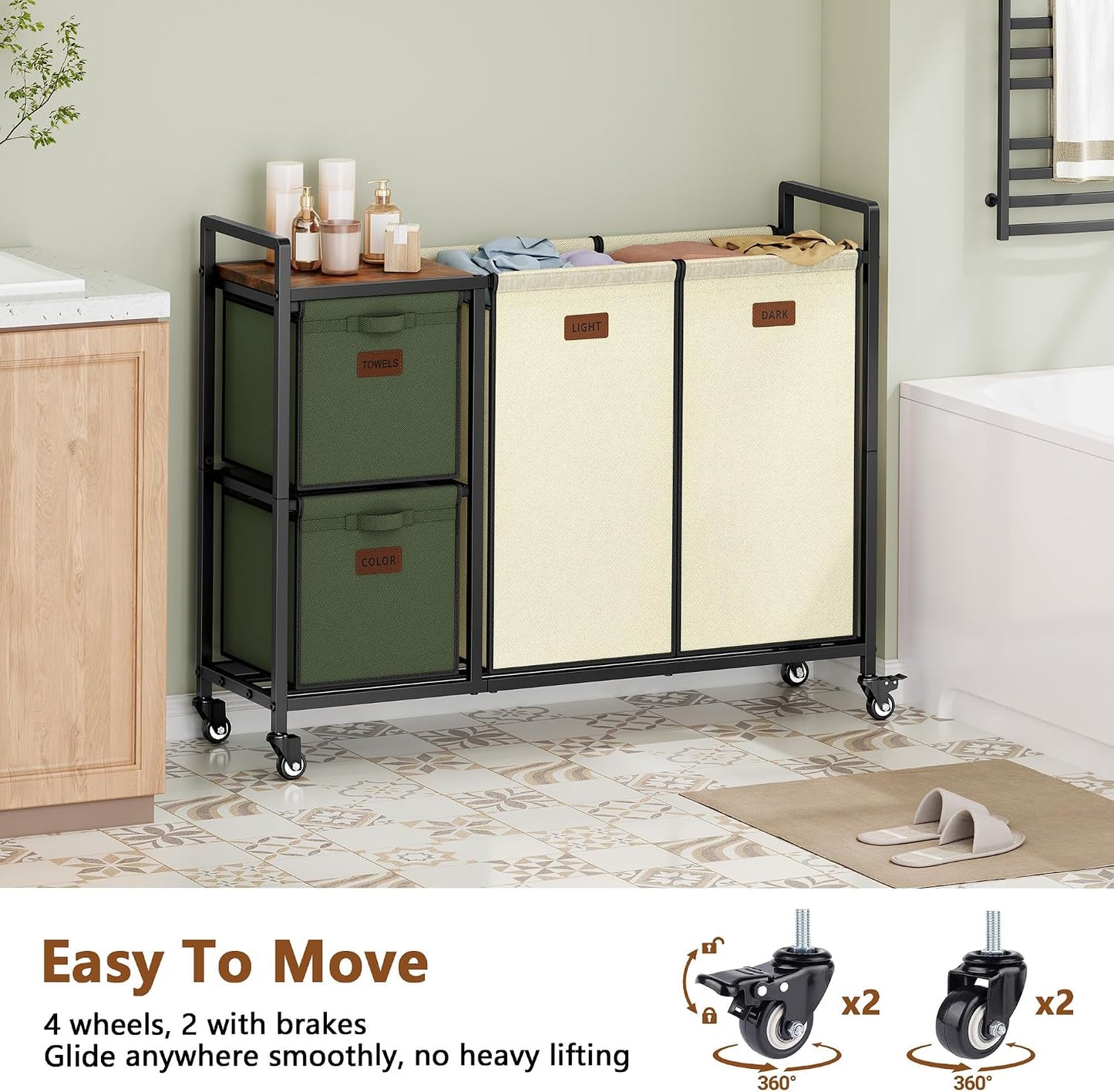 Hoctieon 4 Section Laundry Cart, 52.8 Gal. (200L) Laundry Hamper with Lid, Laundry Basket with Wheels, Rolling Laundry Sorter Organizer with Shelf, Clothes Separator with Removable Bags, Black