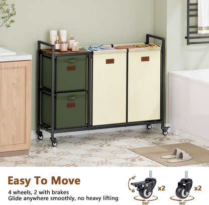 Hoctieon 4 Section Laundry Cart, 52.8 Gal. (200L) Laundry Hamper with Lid, Laundry Basket with Wheels, Rolling Laundry Sorter Organizer with Shelf, Clothes Separator with Removable Bags, Black