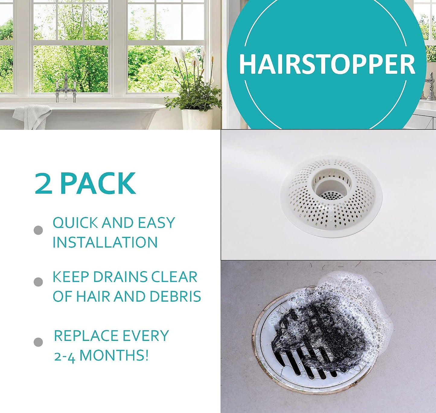 Hairstopper Drain Cover Hair Catcher for Shower and Bathtub, Protects Against Clogs Without Blocking Water Flow, White, 3 Pack | Protects Against Clogs Without Blocking Water Flow, Fits Most Standard Size Shower and Bathtub Drains, 3 Pack