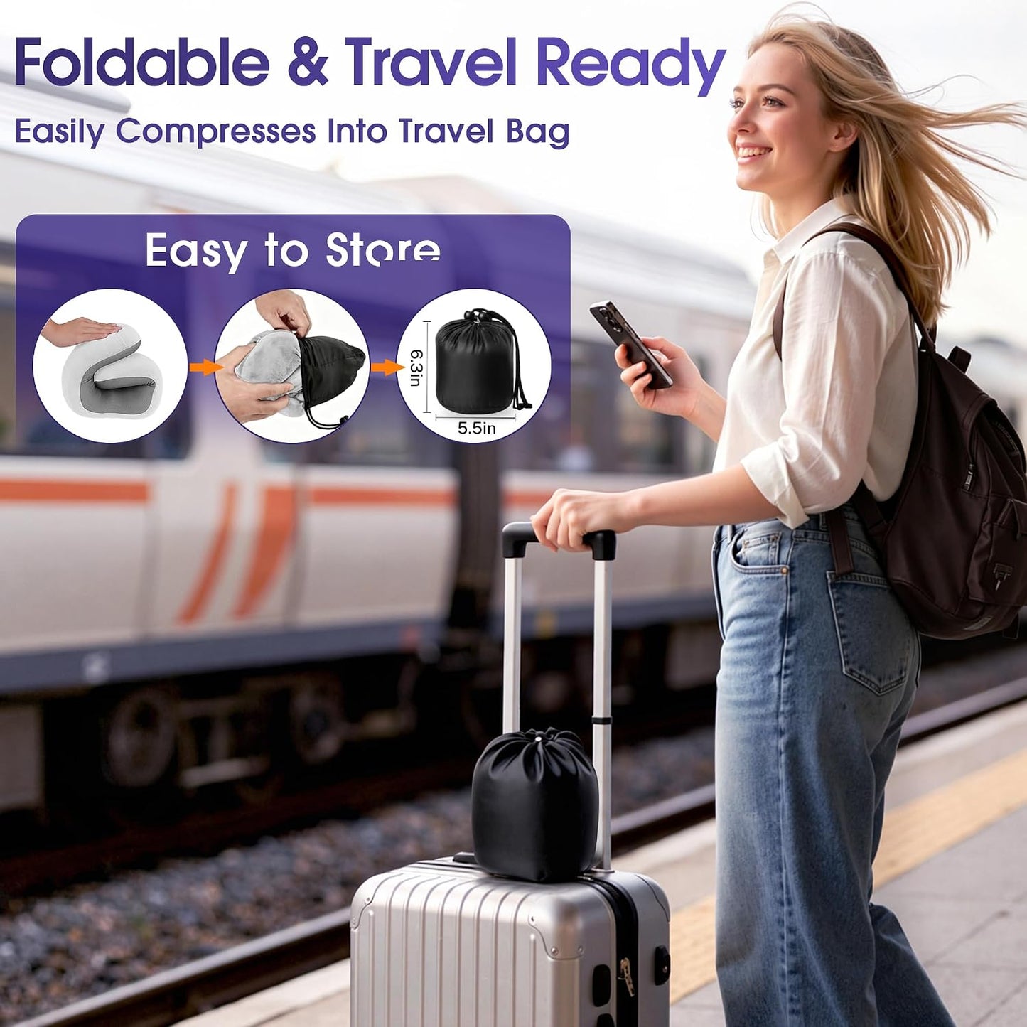 CloudBliss Neck Pillow for Airplanes, Memory Foam Travel Pillow, Black | Compact Flight Pillow with Eye Mask, Earplugs, Carry Bag, Travel Neck Pillow for Long Flight Sleep, Plane Travel Essentials