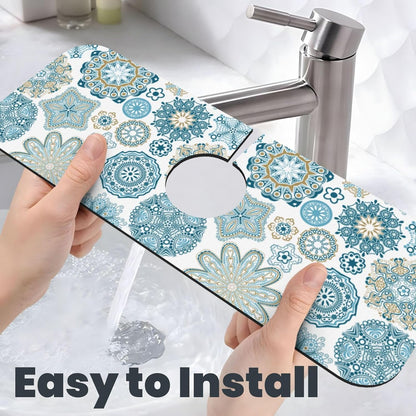 Aquamarine Blue Mexican Tiles Faucet Splash Guard Mat for Kitchen Sink 15x5.5" - Colors B