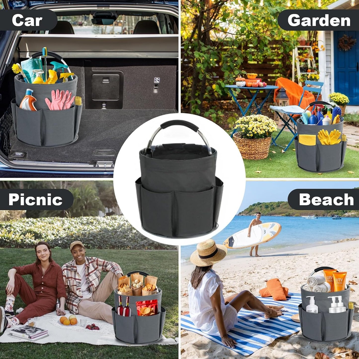 Cleaning Caddy with Handle, Cleaning Products Organiser, 17L Foldable Storage Basket, Cleaning Caddy Organiser, Portable Multi Cleaning Bucket Bag for Home, Garden (Black)