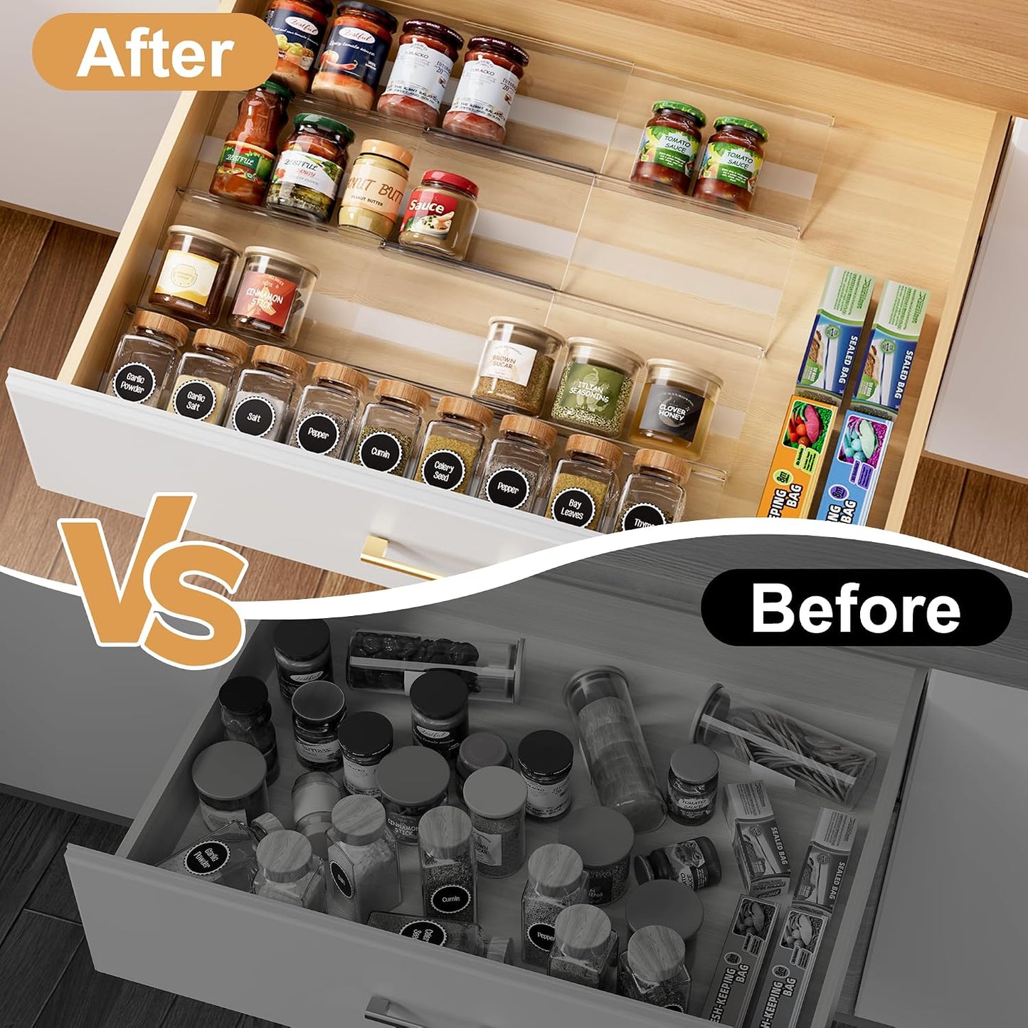 8-Pack Spice Drawer Organizer, Expandable Acrylic Seasoning Rack (13" to 26") with Anti-Slip Mat, Kitchen Spice Rack Holds up to 56 Jars (Jars Not Included)