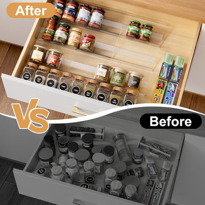 8-Pack Spice Drawer Organizer, Expandable Acrylic Seasoning Rack (13" to 26") with Anti-Slip Mat, Kitchen Spice Rack Holds up to 56 Jars (Jars Not Included)