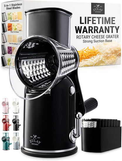 Zulay Kitchen Rotary Cheese Grater 5 Blade Cheese Shredder - Manual Hand Crank Cheese Grater With Reinforced Suction & 5 Interchangeable Drums - Easy to Use, Vegetable Chopper Round Mandoline Slicer - Colors B