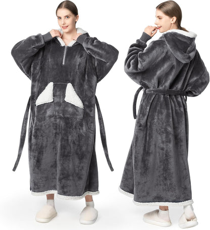 Wearable Blanket Hoodie as Gifts for Women, Long Sherpa Fleece Hooded Blankets with Oversize Hood and Pocket, Warm and Cozy Sweatshirt with Belt, Winter Gift