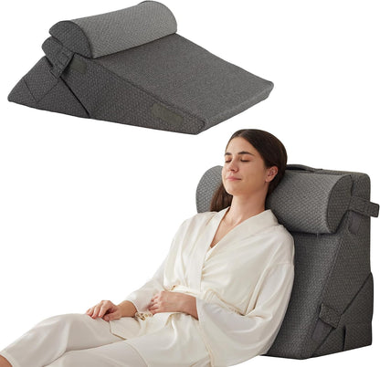 Bedluxe Wedge Pillow Headboard, 3PCS Orthopedic Bed Wedge Pillows Set for After Surgery, Adjustable Pillow Wedge for Acid Reflux&Back Pain Relief, Sleeping, Back Pillow for Bed Sitting Up, White/Grey