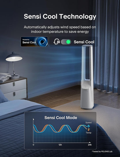 PELONIS 40" 90° Oscillation Bladeless Fan for Bedroom with Remote, White | Bladeless Cooling Tower Fan with 6 Speeds, 4 Modes, 26 ft/s, Brushless DC Motor, Quiet 22dB, 7-Hr Timer for Home, Office Use