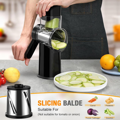 Ibergrif Rotary Cheese Grater Hand Crank– Manual Vegetable Slicer Mandoline with Foldable Handle, Rotary Grader with 3 Interchangeable Blades, Manual Cheese Shredder with Suction Base | 430 Stainless Steel Suction Base Finger Guard BPA Free for Cheese