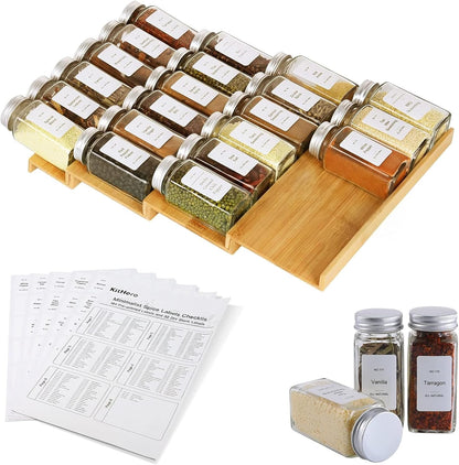 Spice Drawer Organzier,4 Tiers Bamboo Spice Rack Tray Insert for Cabinet Drawer Countertop, Kitchen Seasoning Storage Drawer Organization,14.57" Wide x 15.8" Deep （Hold UP To 32 Jars
