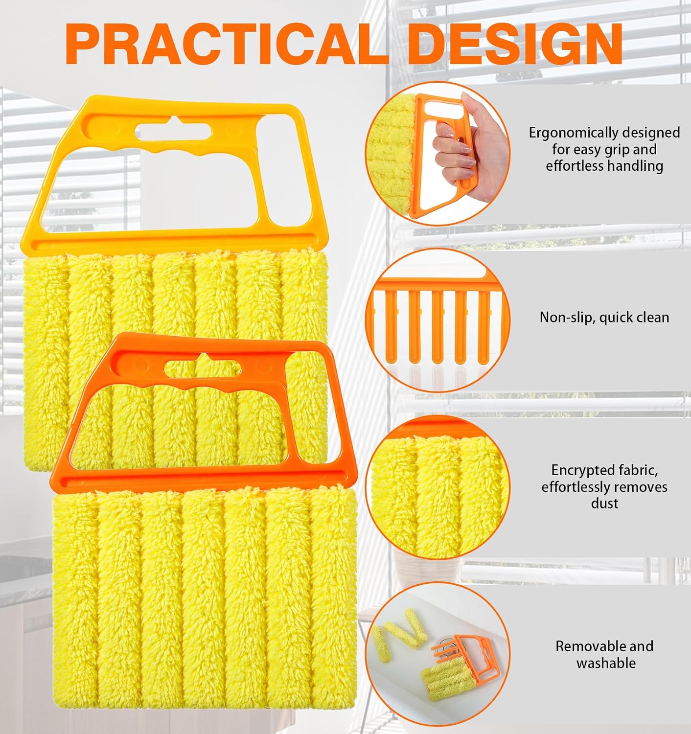 2 Pcs Blind Duster for Wood Blinds, 7-Finger Blind Cleaner Duster Tool | with Microfiber, Effortless Dusting for Tight Slats (Orange and Yellow)