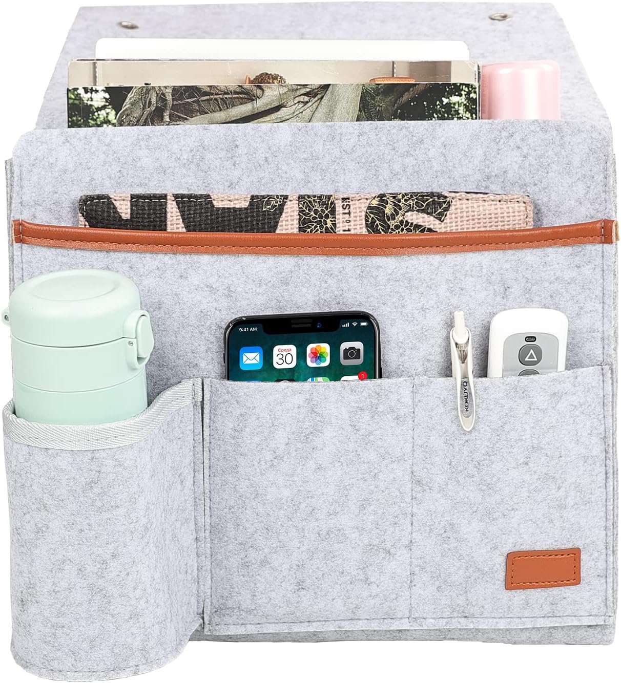 Surblue Bedside Caddy Felt Bedside Storage Organizer with Water Bottle Holder for TV Remote Control Phone Glasses Magazine 7 Pockets(Light Grey)