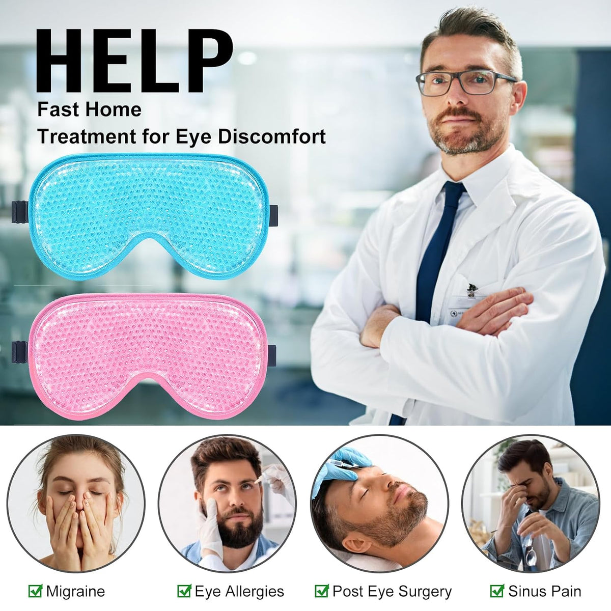 BeeVines Gel Eye Mask, XL Size Cooling Ice Masks for Puffy Eyes (2 Pack)