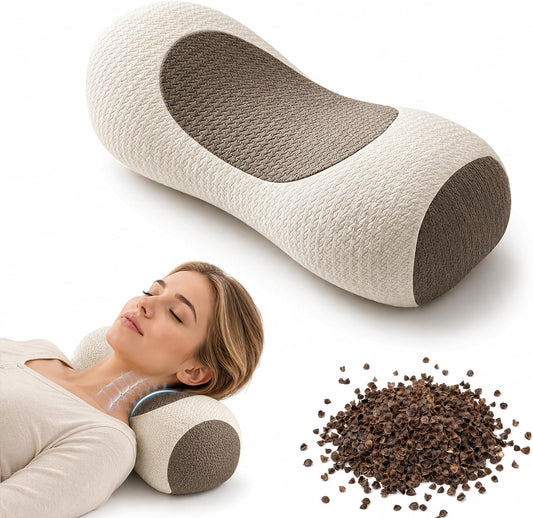 Buckwheat Neck Roll Pillow, Adjustable Cervical Pillow for Neck Pain Relief | natural hull fill, customizable loft, firm support, side and back sleepers, washable cover, lower back use