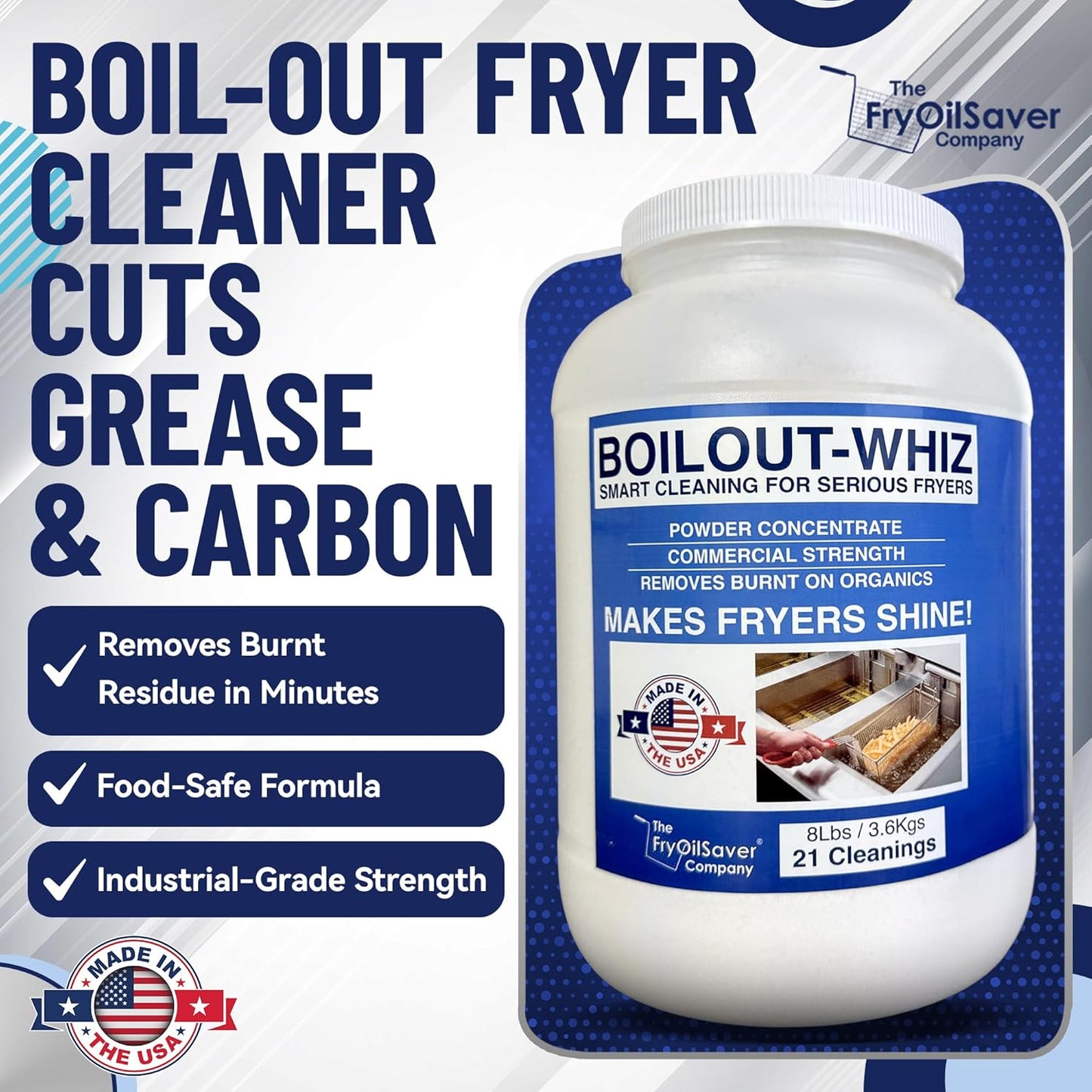 8LB Boil-Out Whiz Deep Fryer Cleaner - Degreaser Powder for Commercial Kitchen Cleaning Oil Saver - Deep Fryer Pot & Coil Safe - Extend Oil Life, Save Time & Energy - by FryOilSaver Co