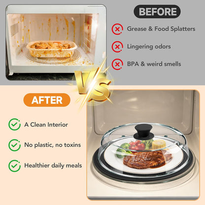 10inch Glass Microwave Splatter Cover for Food with Silicone Mat – Heat Resistant Plate Splatter Guard Lid with Vent Holes & Easy-Grip Handle – BPA Free, Dishwasher Safe