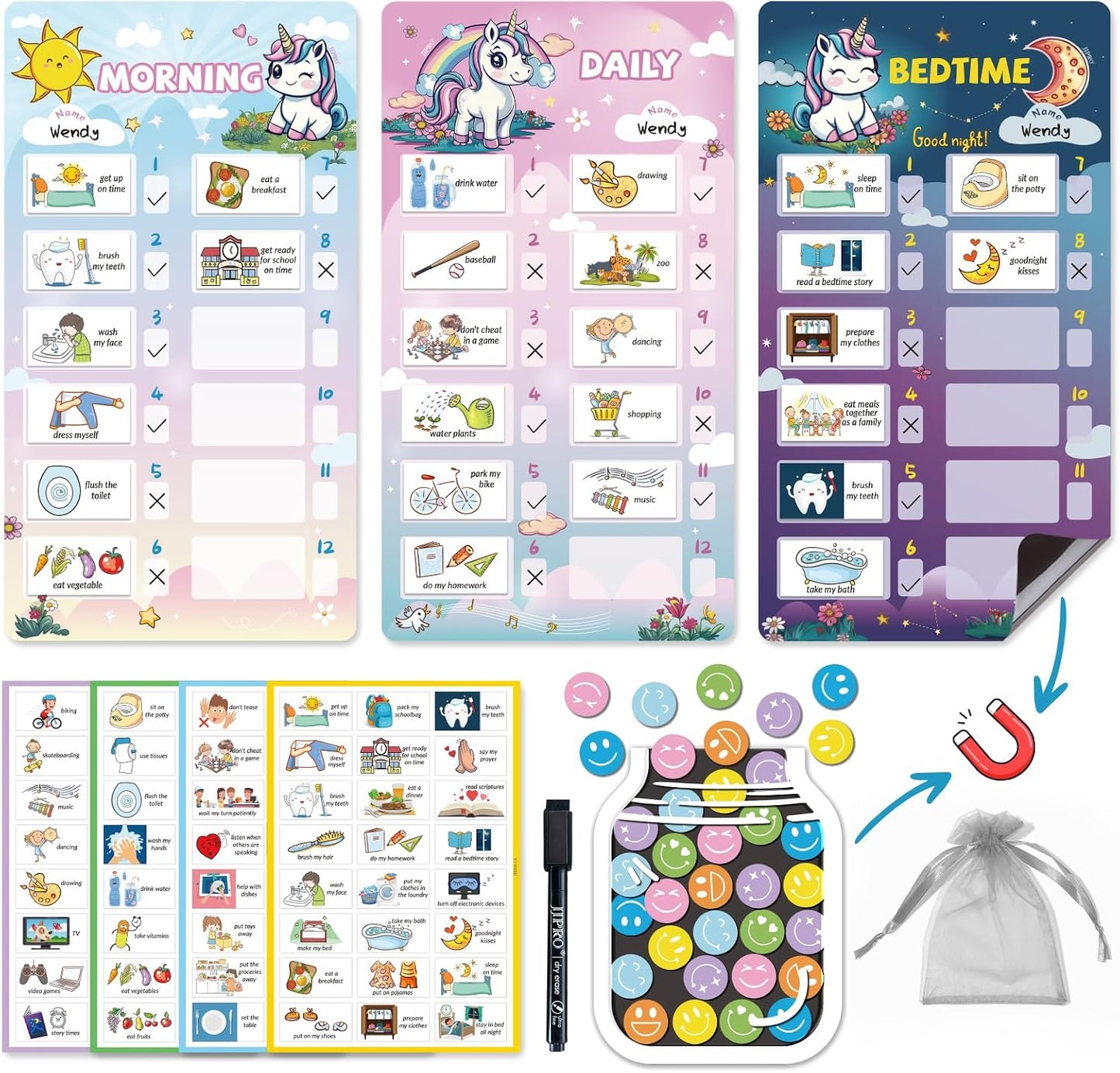JJPRO Magnetic Bedtime/Morning/Daily Routine Chart for Kids with Reward Jar-Morning Routine Chart,Daily Checklist Reward Chart for Toddlers,Reward Jar for Kids,Cute Visual Schedule Board for Home